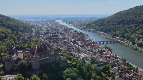 Widok Lotu Ptaka Słynne Miasto Heidelberg Niemcy Heidelberg Castle Rzeki — Wideo stockowe