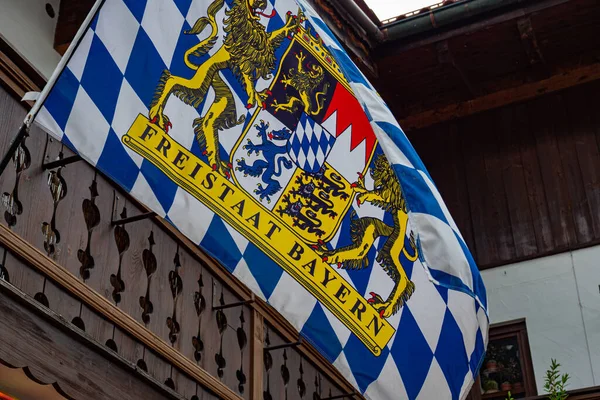 Bavarian Flag Close Shot Oberammergau Germany May 2020 — Stock Photo, Image