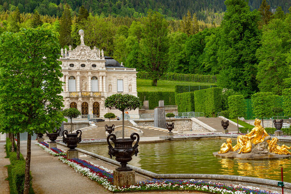 The beautiful gardens of Linderhof Castle in Bavaria Germany - LINDERHOF, GERMANY - MAY 27, 2020. High quality photo