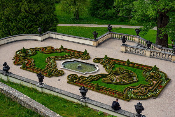 The beautiful gardens of Linderhof Castle in Bavaria Germany - LINDERHOF, GERMANY - MAY 27, 2020. High quality photo