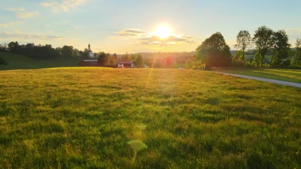 Amazing Sunset Farm Fields Summer Air Drone View — Stock video