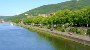 Almanya 'nın Heidelberg şehrinde güneşli bir günde Neckar Nehri - seyahat görüntüleri