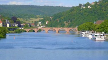 Almanya 'nın Heidelberg şehrinde güneşli bir günde Neckar Nehri - seyahat görüntüleri