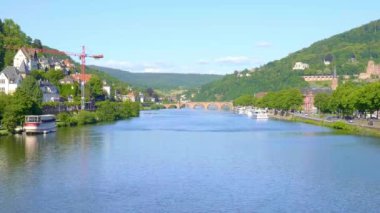 Almanya 'nın Heidelberg şehrinde güneşli bir günde Neckar Nehri - seyahat görüntüleri