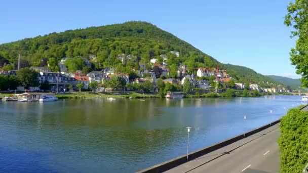 Ποταμός Neckar Στη Γερμανική Πόλη Της Χαϊδελβέργης Μια Ηλιόλουστη Μέρα — Αρχείο Βίντεο