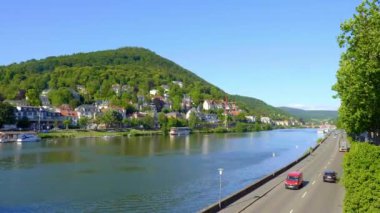 Almanya 'nın Heidelberg şehrinde güneşli bir günde Neckar Nehri - seyahat görüntüleri