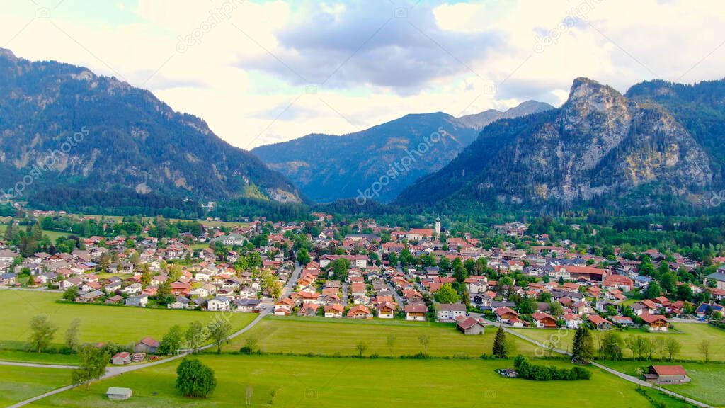Aerial view over the city of Oberammergau in Bavaria Germany