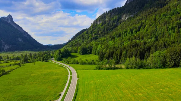 Flight over the beautiful rural landscape of Bavaria Allgau in the German Alps — Stock Photo, Image