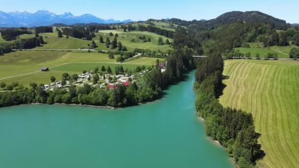 Letecký Pohled Jezero Forggensee Městě Fuessen Bavorsku Německo — Stock video