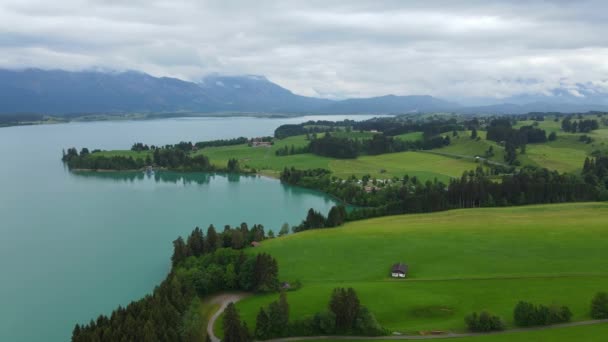 Vista Aérea Sobre Lago Forggensee Ciudad Fuessen Baviera Alemania — Vídeos de Stock