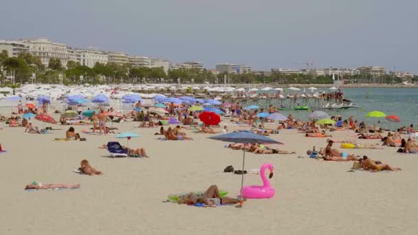 La célèbre plage de Cannes à la Croisette en été - VILLE DE CANNES, FRANCE - 12 JUILLET 2020 — Video