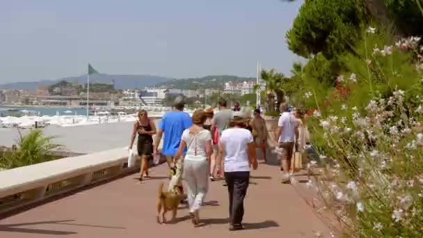 Lidé procházející se po Croisette Promenade v Cannes - CITY OF CANNES, FRANCIE - 12. června 2020 — Stock video