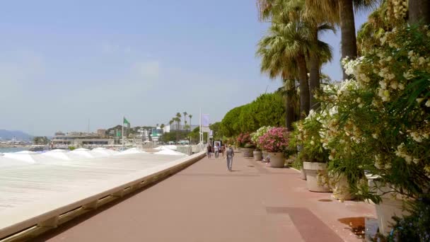 Människor promenader längs Croisette Promenade i Cannes - CITY of CANNES, Frankrike - JULI 12, 2020 — Stockvideo