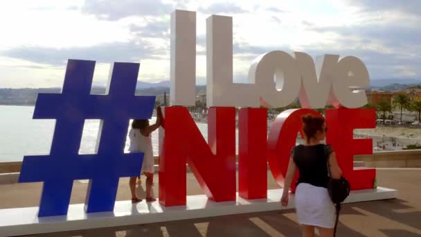 I love Nice letters at the Riviera of Nice - CITY OF NICE, FRANCE - JULY 10, 2020 — Stock Video