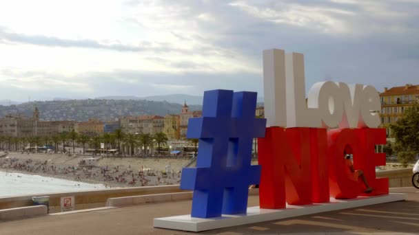 I love Nice letters at the Rifba of Nice - CITY OF NICE, FRANCE - IULY 10, 2020 — стоковое видео