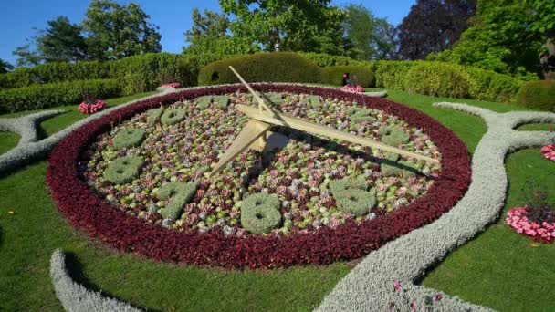 The famous clock of flowers at English Garden in Geneva - GENEVA, SWITZERLAND - JULY 8, 2020 — Stock Video