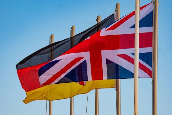 German British Flag Waving Wind Close Shot Nice France July — Stock Photo, Image