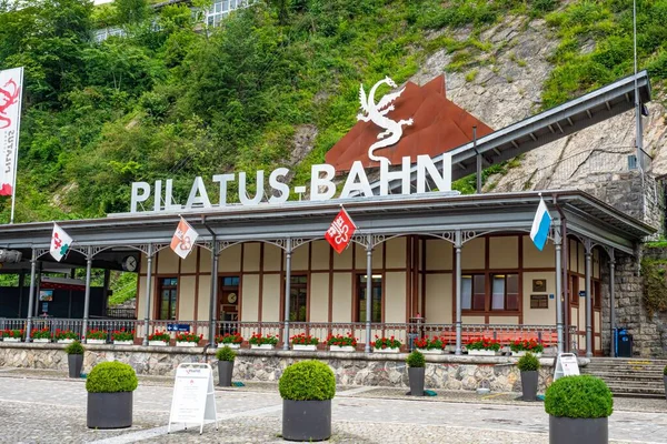 Pociąg Pilatus Najbardziej Stroma Świecie Kolej Zębata Alpnac Hstad Switzerland — Zdjęcie stockowe