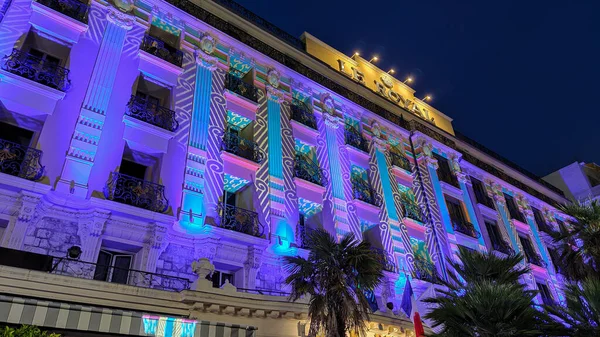 Hotel Royal Nice Colorful Illuminated Night Nice France Iuly 2020 — стоковое фото