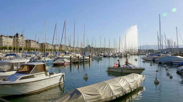 Pequeno porto e marina no Lago de Genebra - GENEVA, SUÍÇA - JULHO 8, 2020 — Fotografia de Stock