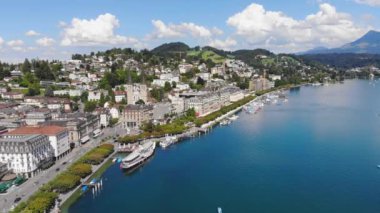 İsviçre 'deki Lucerne Gölü' nün önü. Seyahat görüntüleri.