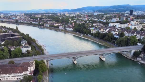 Вечірній Краєвид Місто Базель Швейцарія — стокове відео