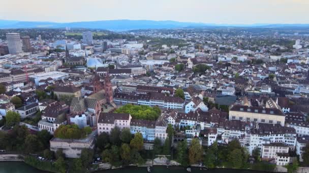 Historic District Basel Switzerland River Rhine Aerial View Travel Footage — Stock Video
