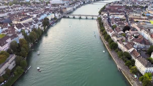 Ciudad Basilea Suiza Río Rin Vista Aérea Imágenes Viaje — Vídeos de Stock