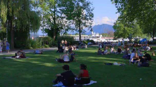 人々はスイスのルツェルン湖の牧草地でリラックス Lucerne Switzerland 2020年8月15日 — ストック動画