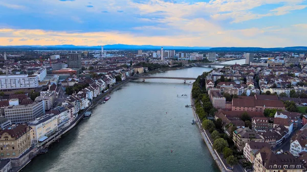 Floden Rhen Staden Basel Schweiz Flygfoto Kvällen Resor — Stockfoto