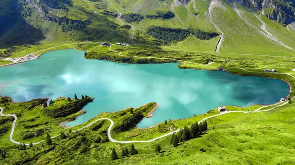 Belo Lago Montanha Nos Alpes Suíços Vista Aérea Sobre Monte — Fotografia de Stock