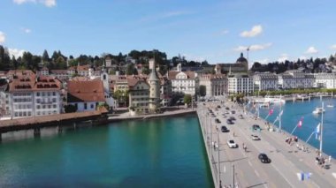 Lucerne İsviçre ve Lucerne Gölü - hava manzaralı - seyahat görüntüleri