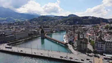 Lucerne İsviçre ve Lucerne Gölü - hava manzaralı - seyahat görüntüleri
