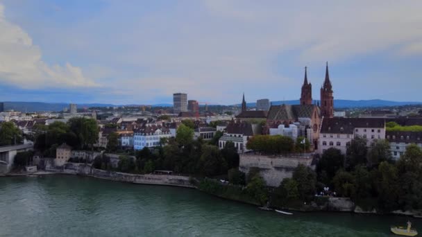 Wieczorny Widok Miasto Bazylea Szwajcarii Zdjęcia Wakacji — Wideo stockowe