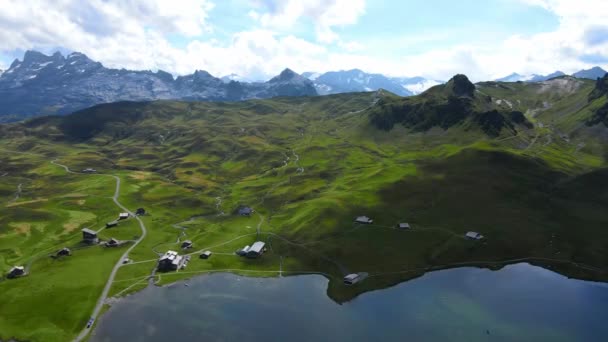 Удивительная Природа Швейцарских Альп Район Мелхзее Фрутт Швейцарии Сверху Съемка — стоковое видео
