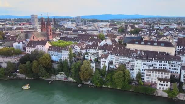 Hermosa Ciudad Suiza Basilea Vista Desde Arriba Imágenes Viaje — Vídeos de Stock