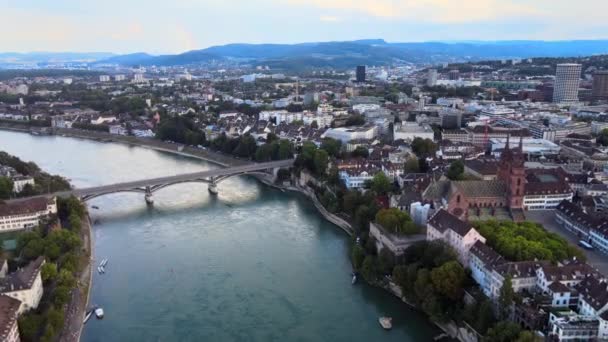 Bruggen Rijn Stad Bazel Zwitserland Luchtfoto Reisbeelden — Stockvideo