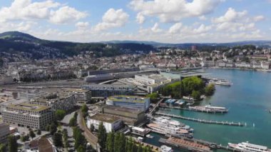 Lucerne İsviçre ve Lucerne Gölü - hava manzaralı - seyahat görüntüleri