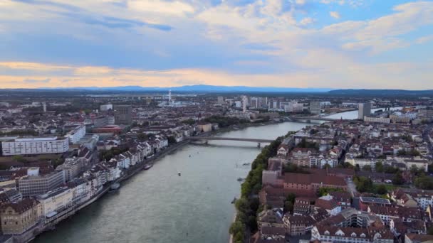 Sviçre Deki Basel Şehri Ren Nehri Hava Manzarası Seyahat Görüntüleri — Stok video