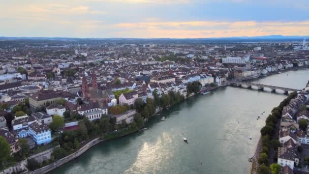 Avond Uitzicht Stad Bazel Zwitserland Reisbeelden — Stockvideo