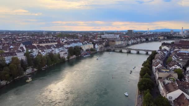 Sviçre Deki Basel Şehri Ren Nehri Hava Manzarası Seyahat Görüntüleri — Stok video