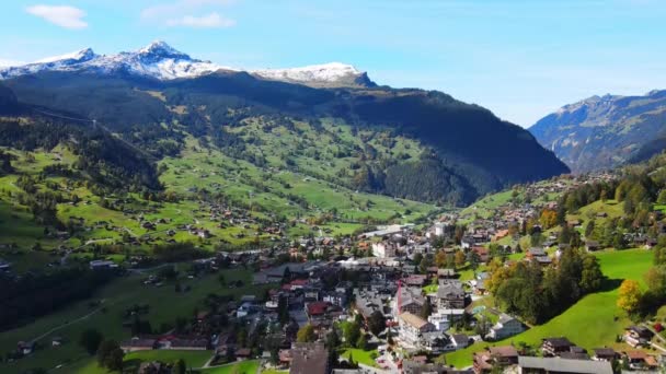 Berömd stad Grindelwald i de schweiziska alperna ovanifrån — Stockvideo