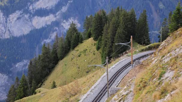 Slavné kolečkové železniční tratě na Schynige Platte ve Švýcarsku — Stock video