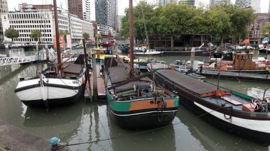 ROTTERDAM, NETHERLANDS - 13 Eylül 2025 - işlek bir şehir limanında deniz mirası sergilenen tarihi botlar