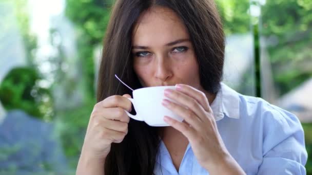 Πορτραίτο του ευχάριστη χαμογελαστός, ευτυχισμένος όμορφη πραγματικό 40 ετών ουκρανική γυναίκα. μια γυναίκα πίνει τσάι χωρίς να λάβει ένα κουταλάκι του γλυκού — Αρχείο Βίντεο