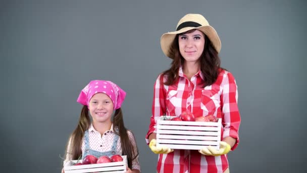 Retrato da família de agricultores, mãe e filha segurando em suas mãos caixas de madeira com maçãs orgânicas maduras vermelhas, sorrindo, em um fundo cinza no estúdio — Vídeo de Stock