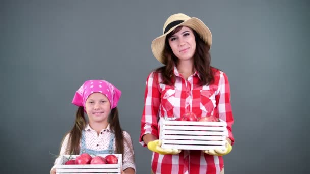 Porträt einer Bauernfamilie, Mutter und Tochter halten Holzkisten mit roten reifen Bio-Äpfeln lächelnd vor grauem Hintergrund im Atelier in den Händen — Stockvideo