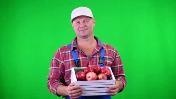 Retrato de belo agricultor masculino segurando uma caixa de madeira com maçãs orgânicas maduras vermelhas, sorrindo. sobre fundo verde no estúdio. Comida saudável à sua mesa — Vídeo de Stock