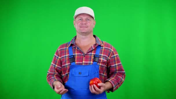 Улыбающийся мужчина фермер в клетчатой рубашке и шляпе держит красивый сладкий перец, играет, бросает его, на Chromakey, зеленый фон. концепция здорового питания к вашему столу — стоковое видео