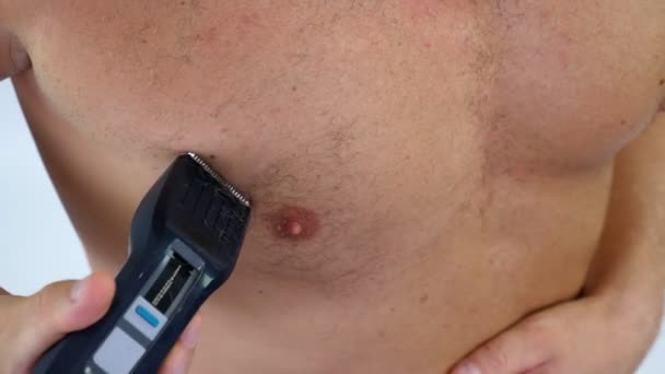 Primo piano di un uomo molto peloso capelli taglio di capelli corpo sul suo, petto maschile da solo con un clipper, rasoio elettrico, trimer. isolato su sfondo bianco. nudo uomo barba la sua petto — Video Stock